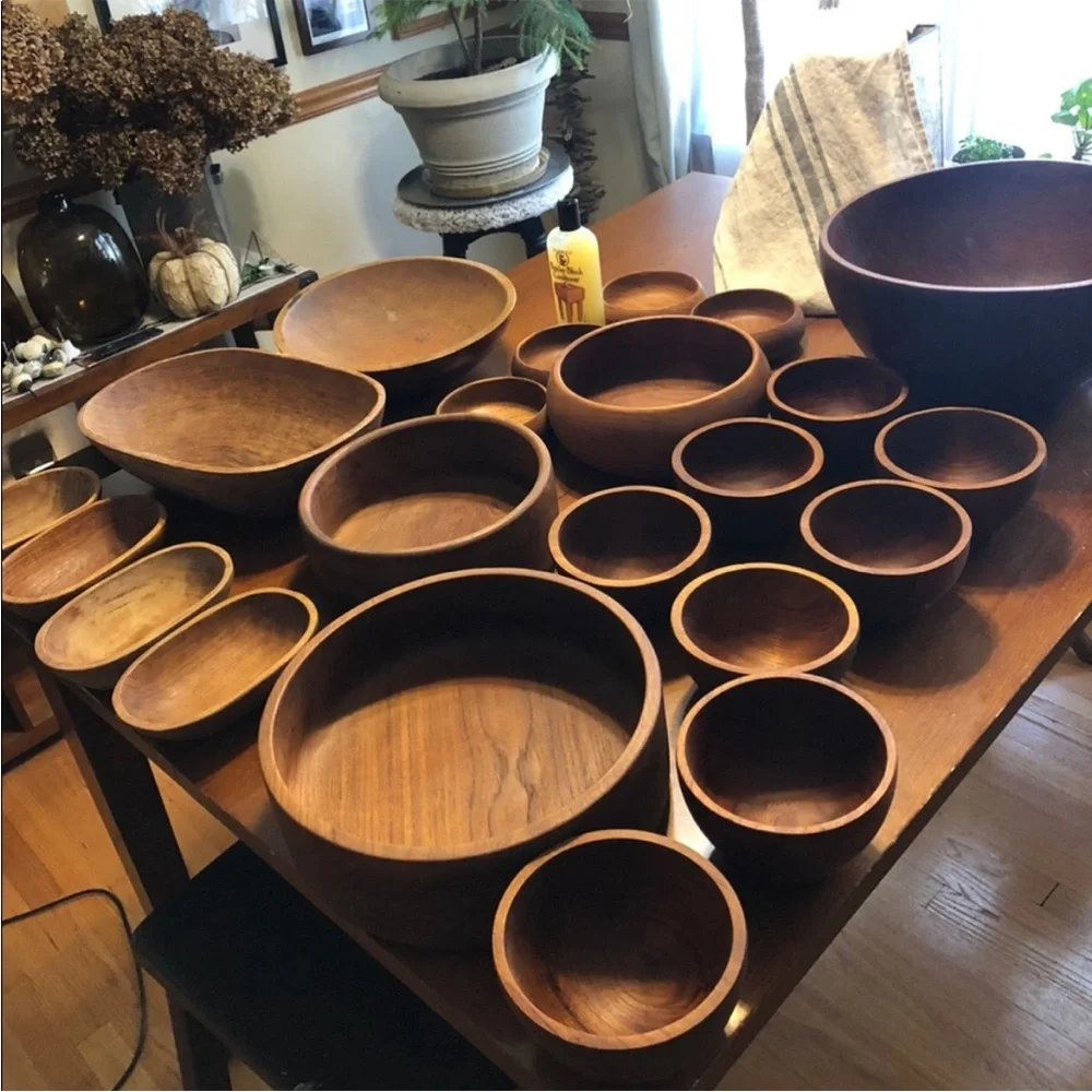 set of vintage handmade teak wood 8 salad bowls